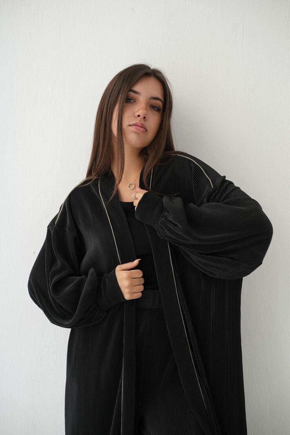Pleated Satin Set In Black
