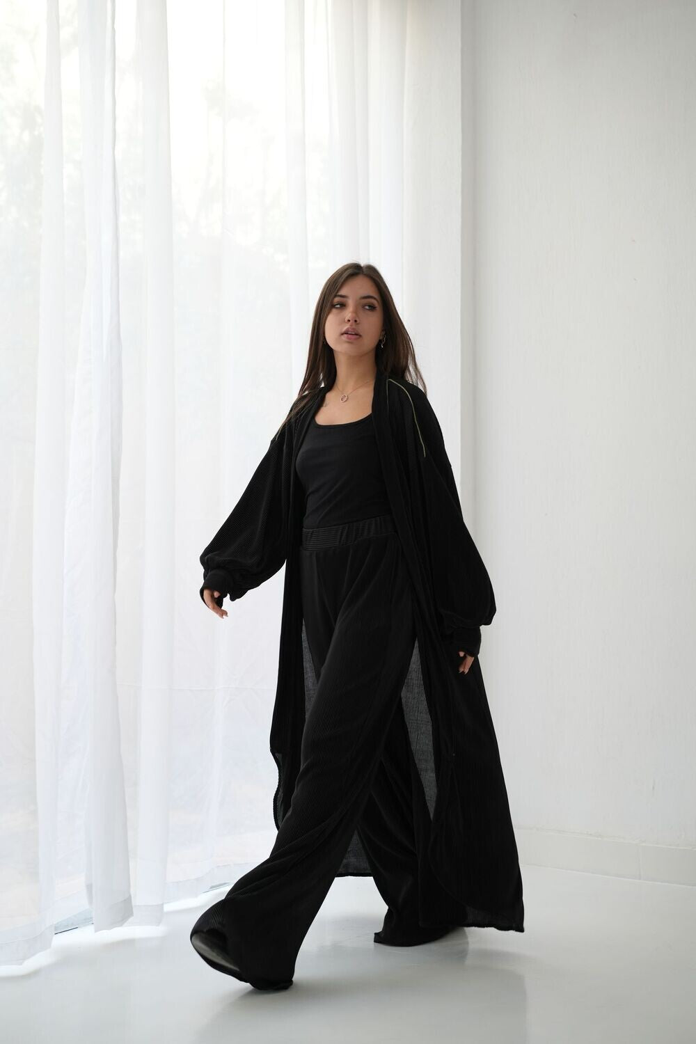 Pleated Satin Set In Black