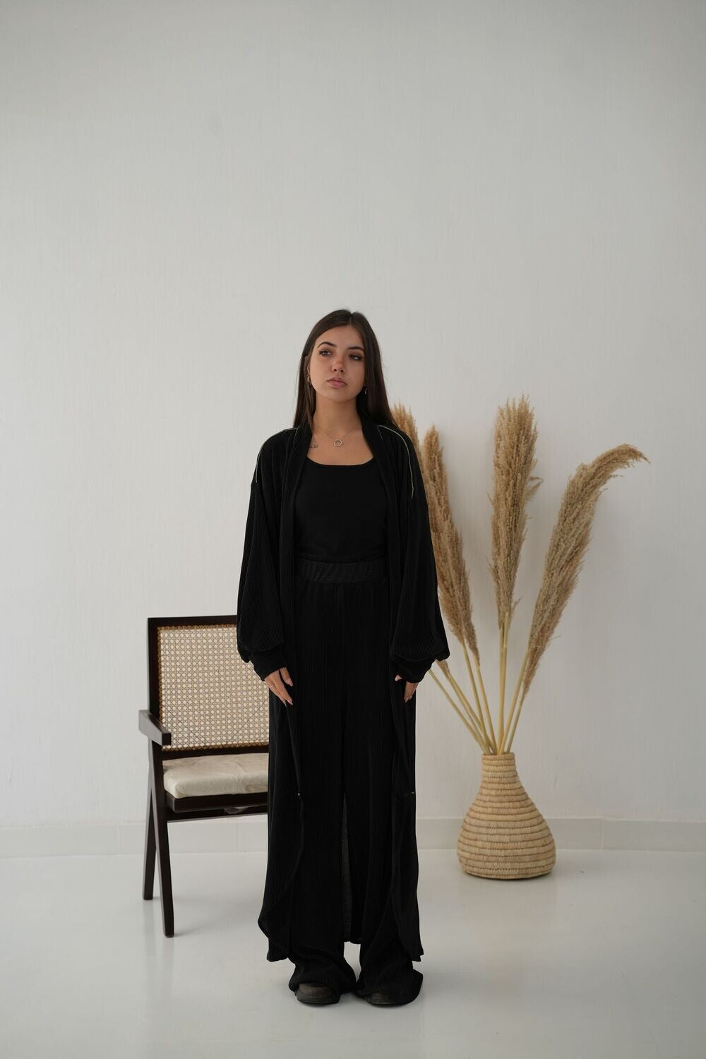 Pleated Satin Set In Black