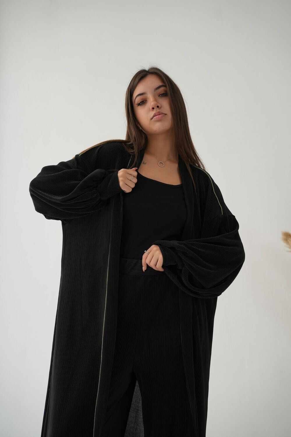 Pleated Satin Set In Black
