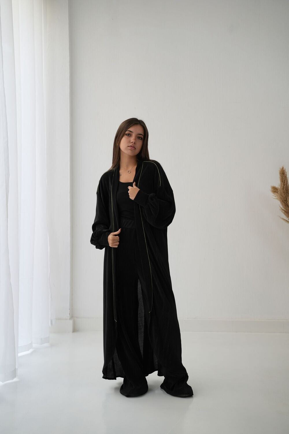Pleated Satin Set In Black