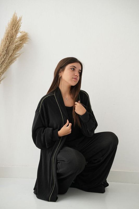 Pleated Satin Set In Black