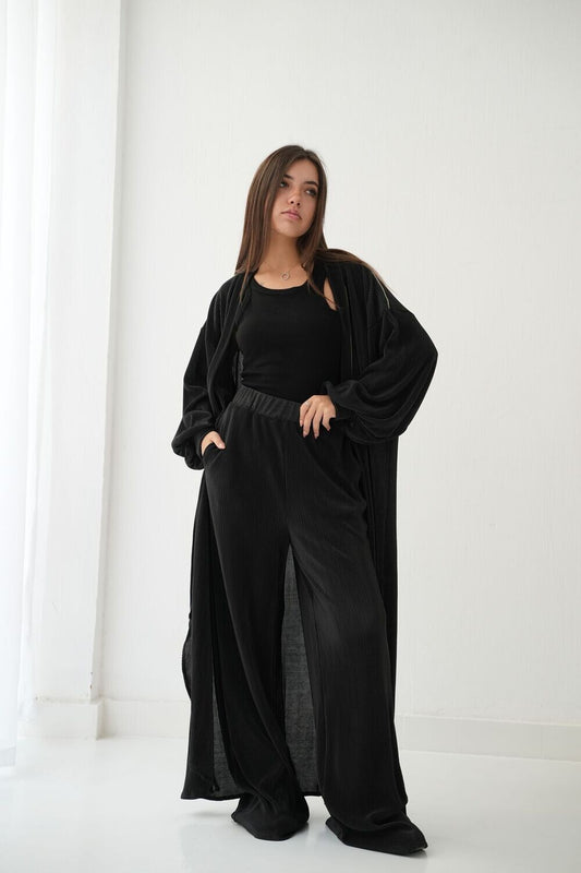 Pleated Satin Set In Black