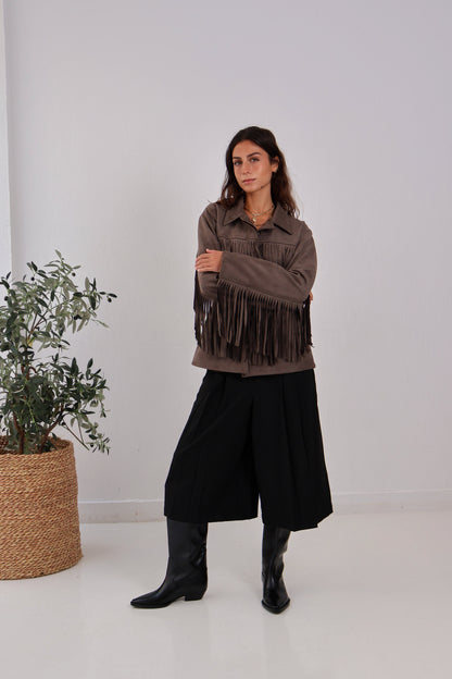 Soft Chill Fringe Shacket in Brown
