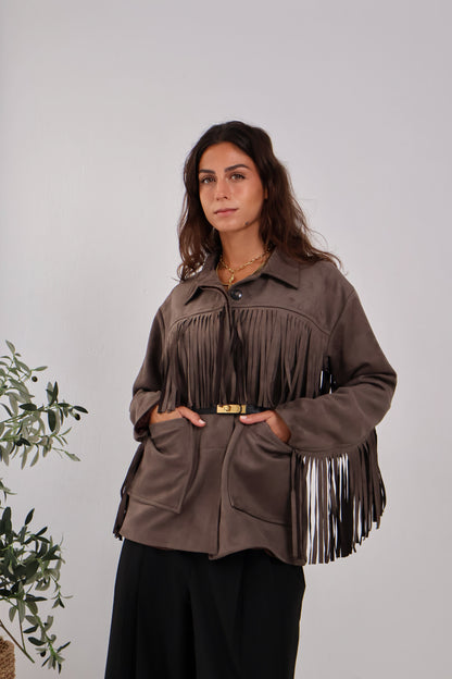 Soft Chill Fringe Shacket in Brown