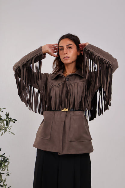 Soft Chill Fringe Shacket in Brown