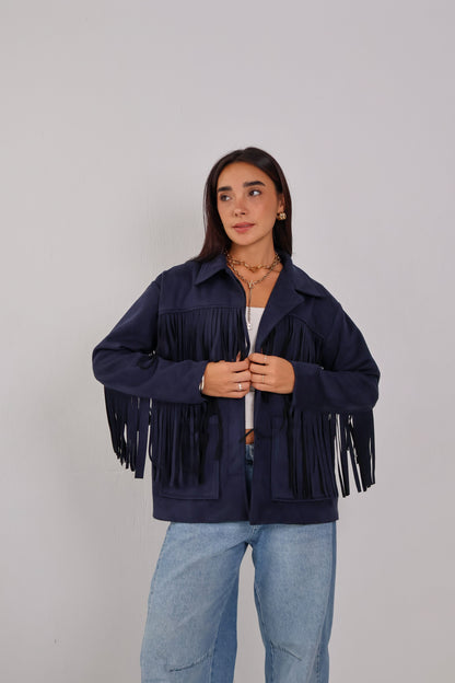 Soft Chill Fringe Shacket in Dark Navy