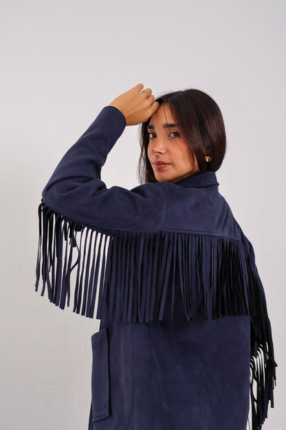 Soft Chill Fringe Shacket in Dark Navy
