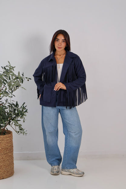 Soft Chill Fringe Shacket in Dark Navy