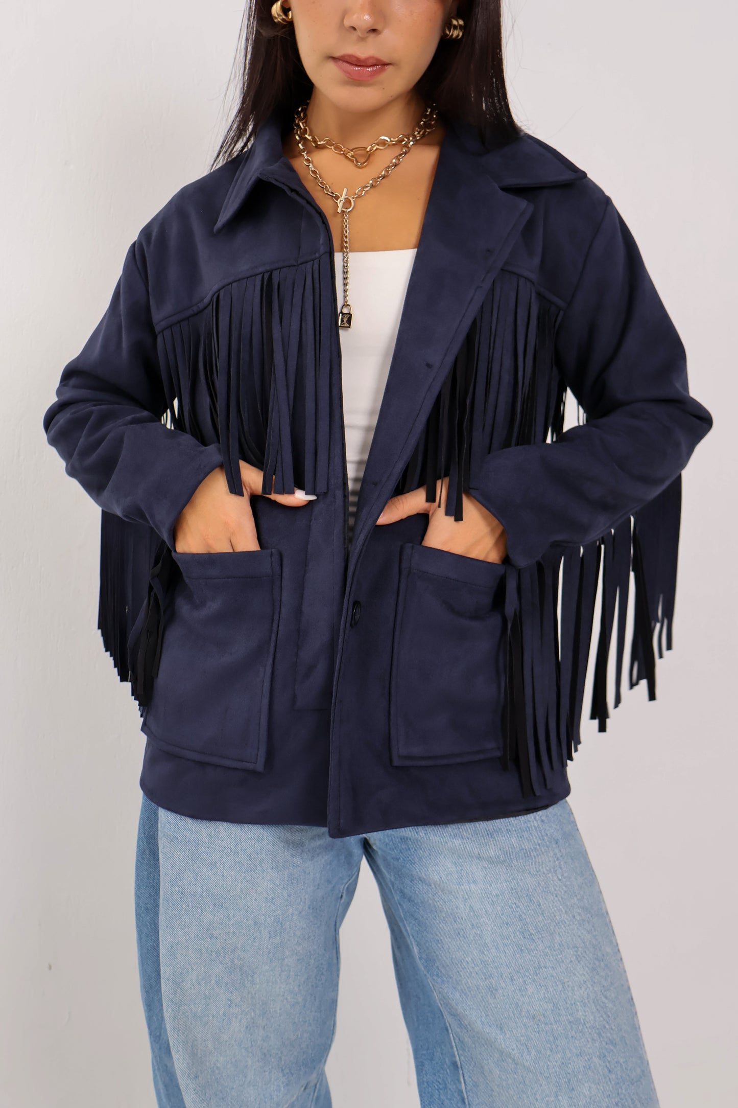 Soft Chill Fringe Shacket in Dark Navy