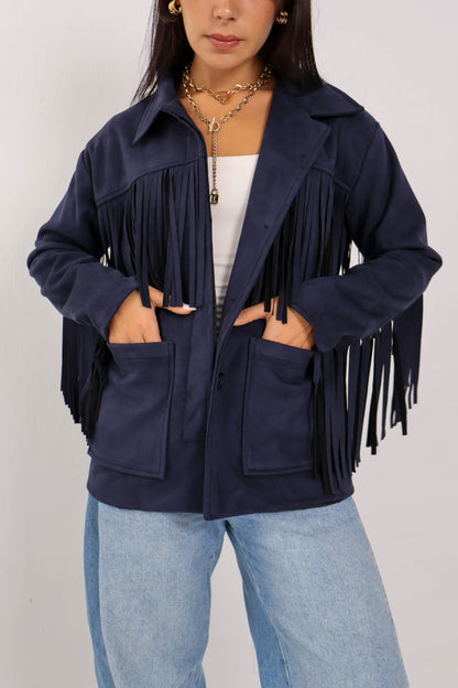 Soft Chill Fringe Shacket in Dark Navy