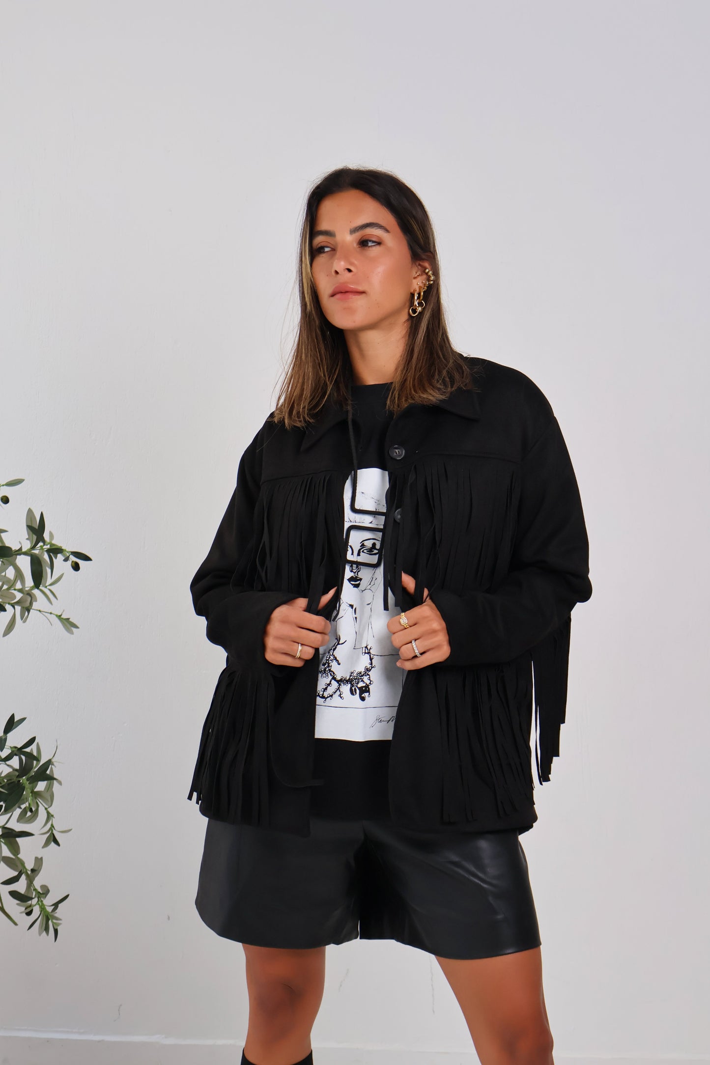 Soft Chill Fringe Shacket in Black