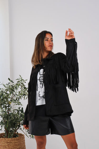 Soft Chill Fringe Shacket in Black