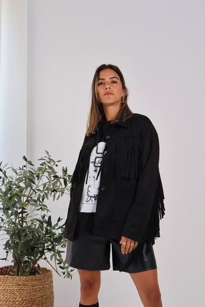 Soft Chill Fringe Shacket in Black