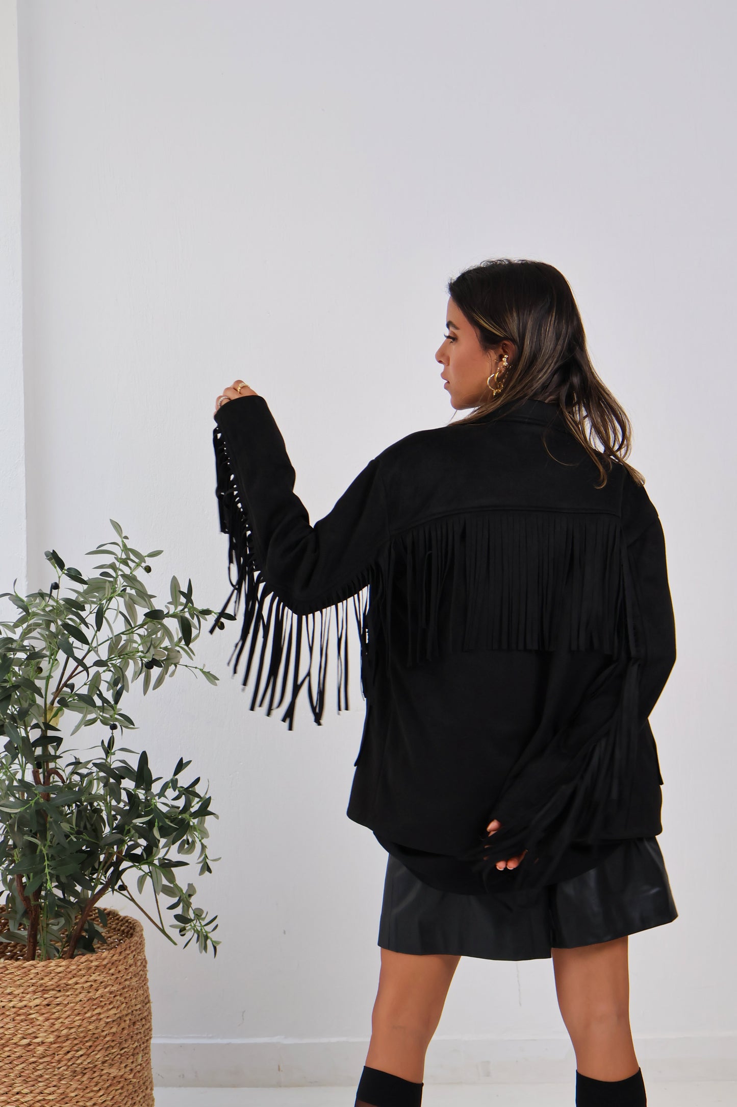 Soft Chill Fringe Shacket in Black