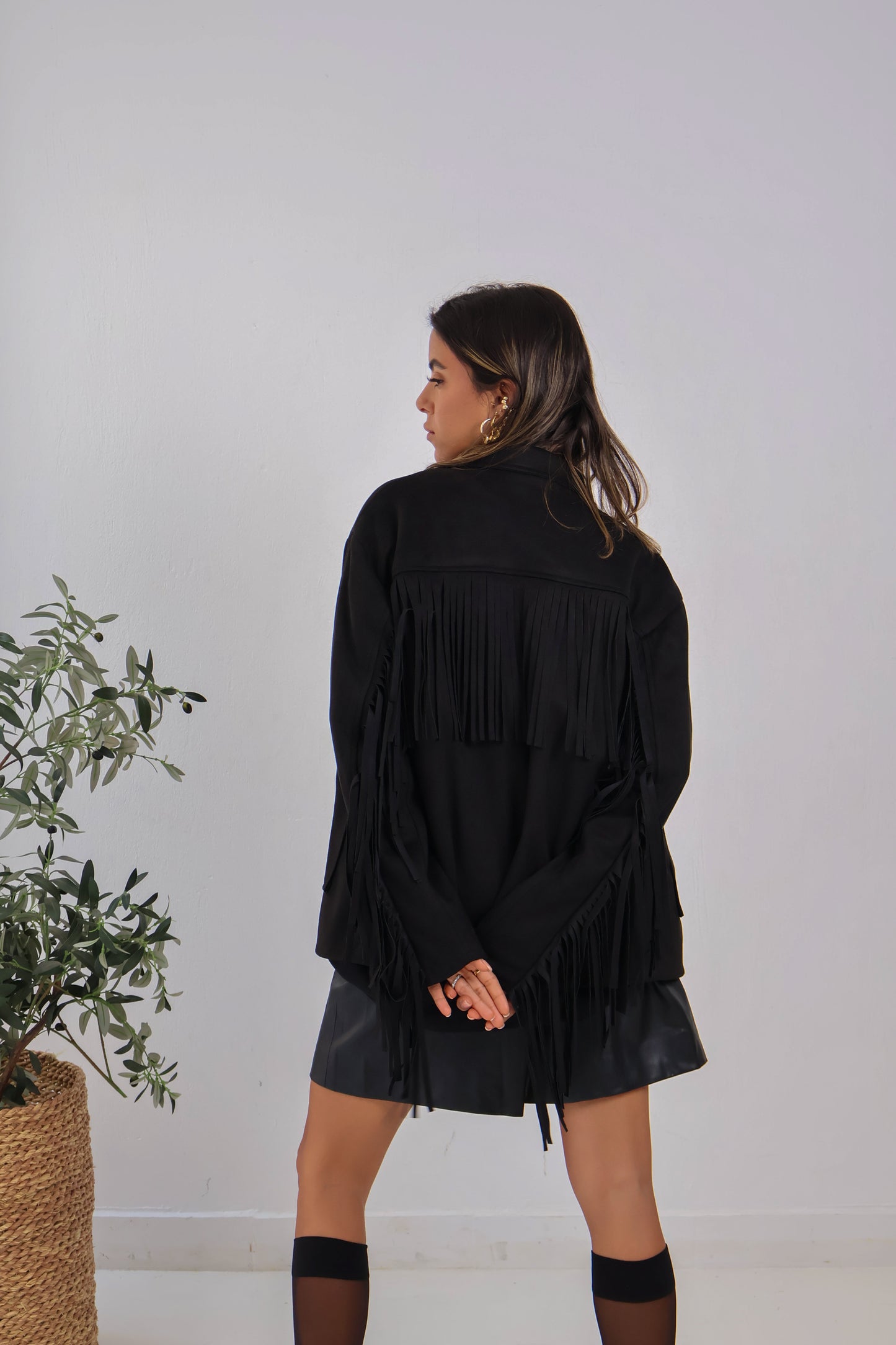Soft Chill Fringe Shacket in Black