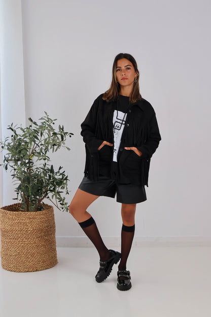 Soft Chill Fringe Shacket in Black