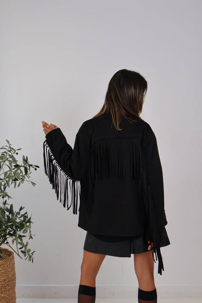 Soft Chill Fringe Shacket in Black